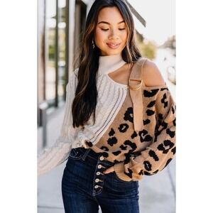 Andree by Unit Bold Adventures Leopard Cold Shoulder Sweater Small Camel Brown